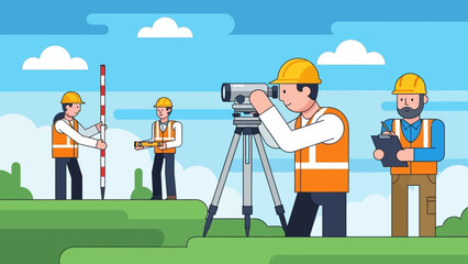 Cartoon Surveying Crew Using Theodolite and Leveling Rod in Field