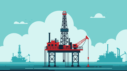 Offshore Oil Drilling Platform Flat Illustration