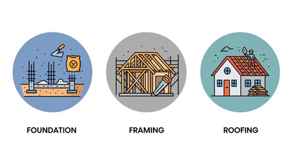 Cartoon House Construction Stages: Foundation Framing Roofing Illustration