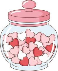 Cute Glass Jar Full of Pink and Red Hearts Illustration for Valentine's Day Gift and Decoration