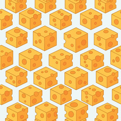 Fototapeta premium Seamless isometric flat design pattern of yellow cheese cubes with holes, a playful food graphic for backgrounds and wrapping paper.