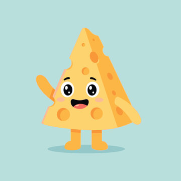 Cheerful triangular cheese character with large eyes and wide smile waving a friendly hello against a soft blue background, flat illustration