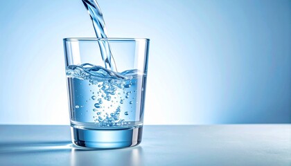 Clear glass mid-pour with water splashing, bubbles forming, and light blue gradient background.