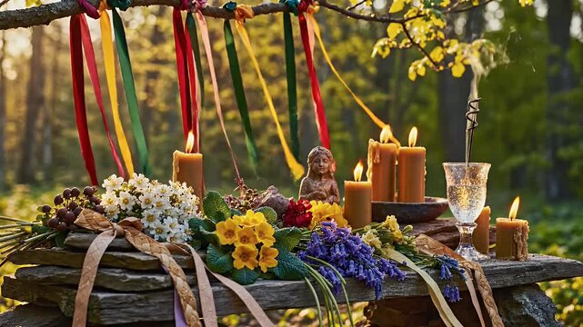 Beltane background with seasonal altar blossoms and ribbons for pagan spring design use