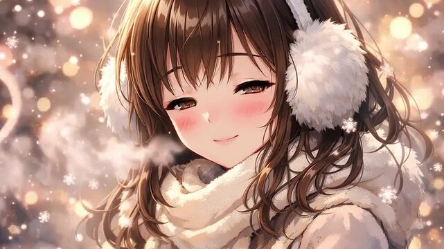 Anime-style girl wearing earmuffs with heart-shaped breath in a snowy winter scene
