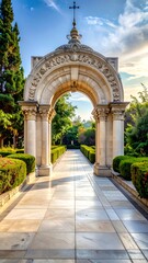 Obraz premium Ornate stone archway frames a walkway to lush, green garden