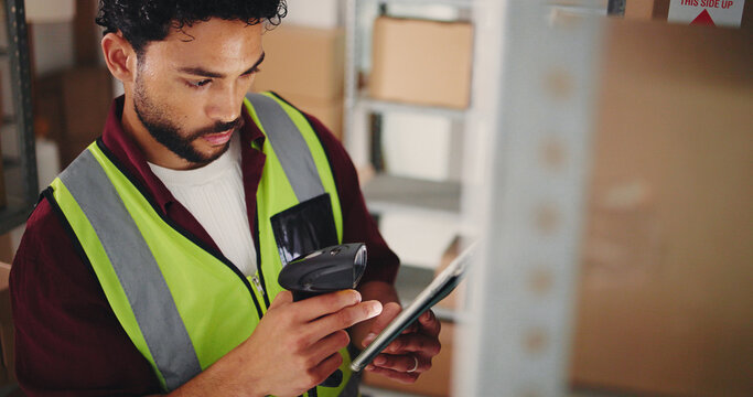 Tablet, scanner and logistics worker with boxes in office for online order information with email. Distribution, technology and male supply chain manager with cardboard parcel for cargo delivery.