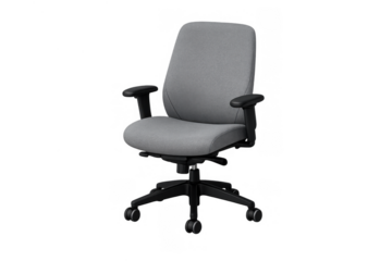 Grey ergonomic office chair with black armrests and wheels, providing comfort and support for work, transparent background