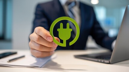 Businessman emphasizes commitment to renewable energy and sustainable electricity powering modern technology solutions