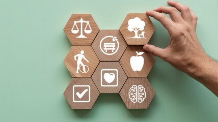 Hand carefully placing wooden block representing environmental wellness among health concept icons