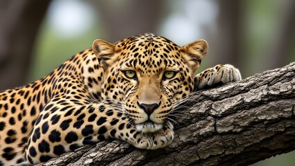 Fototapeta premium A relaxed leopard lies across a tree trunk, blending effortlessly into its surroundings.
