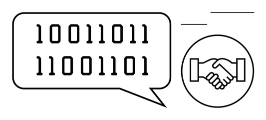Binary code concept. Binary code displayed in a speech bubble with handshake symbol s secure digital communication and data exchange. Perfect for blockchain, AI, tech, and coding projects