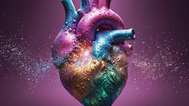 Vibrant artistic heart illustration featuring rich colors and intricate textures against a deep purple cinematic background for romantic and abstract creative concepts in high resolution.