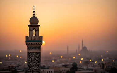 Obraz premium Minaret of a mosque at sunset in Cairo, Egypt, with a beautiful orange sky and city lights in the background.
