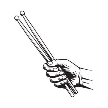 A hand firmly gripping a pair of drumsticks in a black and white sketch