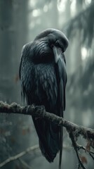 Obraz premium Un cuervo posado sobre una rama cubierta de niebla, con una mirada penetrante.