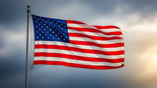 American Flag Waving Against Dramatic Sky with Sunset Clouds and Blue Tones USA flag stars and stripes - Powered by Adobe