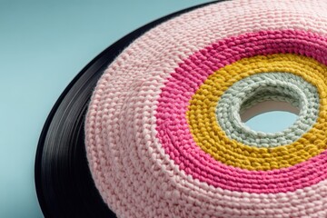 Una aguja de disco de vinilo cubierta con un tejido de punto colorido.