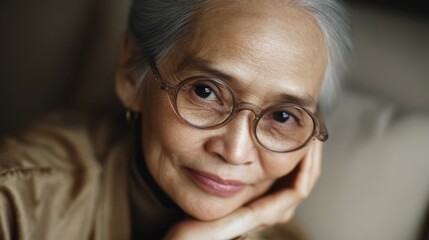 A lovely Chinese grandmother smiles warmly, her glasses catching the light as she reflects on cherished memories. This intimate moment highlights her graceful age and loving presence