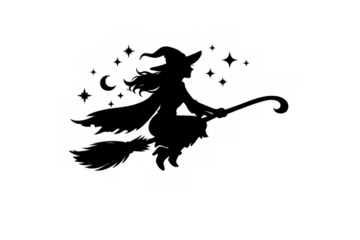 Witch flying on broomstick silhouette with stars and moon, celebrating halloween night magic and fantasy