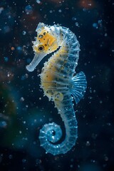 Translucent golden seahorse with water droplets and bokeh background, cinematic underwater illustration.