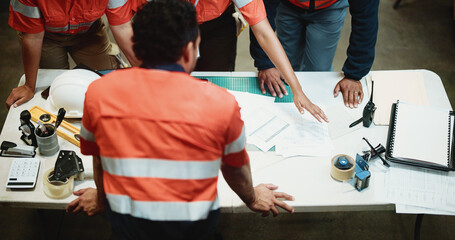 Above, logistics or team in warehouse with paper, discussion or order backlog in supply chain. Distribution, people or workers with documents, inventory management or collaboration in stock control.