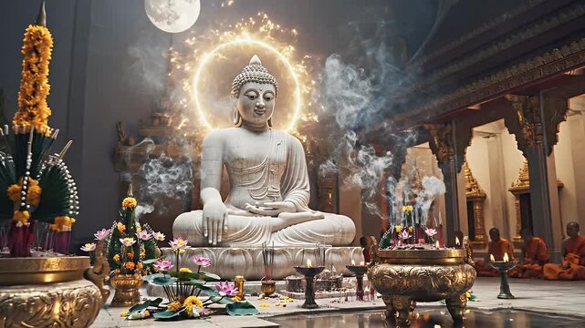 Buddha Purnima sacred light halo with incense haze for Vesak full moon festival design