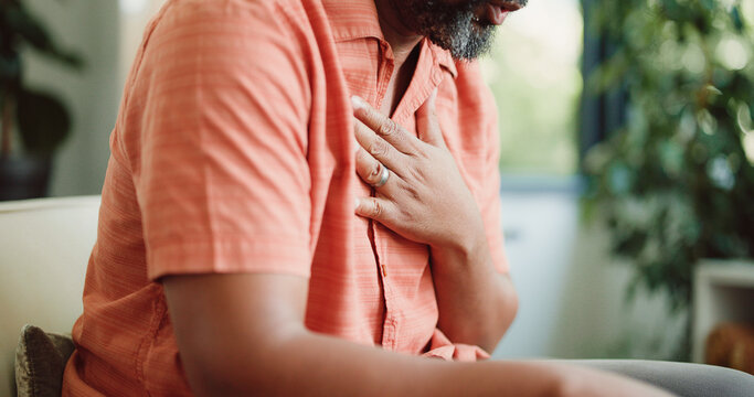 Sick, chest pain and mature man in home with cough, infection or breathing issue from lung virus. Influenza, choking and person in house with tuberculosis, asthma or illness in allergy season