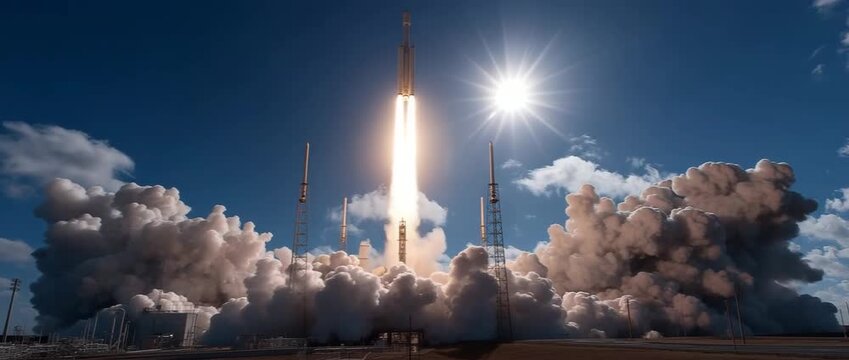 Strong exhaust plumes and plume-structure interaction are produced by the rocket launch propulsion system during liftoff.