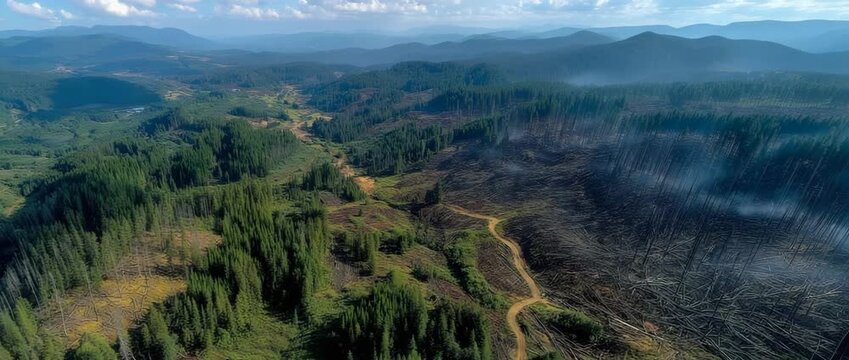 An aerial picture exhibiting habitat decline and fragmentation shows an undamaged forest abruptly next to a burnt clearcut region.