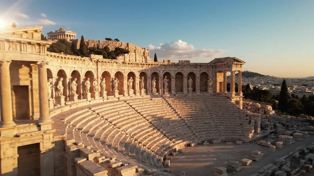 Majestic wide angle view of the ancient stone Odeon of Herodes Atticus amphitheater beneath a bright Mediterranean sun in historic Athens Greece showcasing classical Roman architecture and heritage.