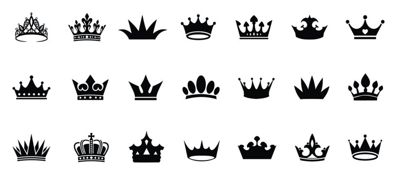 Set of crown icon in brush stroke texture paint style. hand drawn illustration.