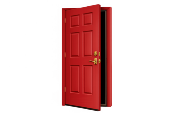 Red door in a six-panel design, featuring gold handles and hinges, slightly open, creating an entrance and opportunity on transparent background