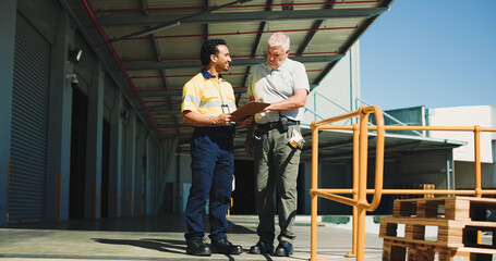 Warehouse, people outdoor and talking with clipboard for supply chain, dispatch or manager...