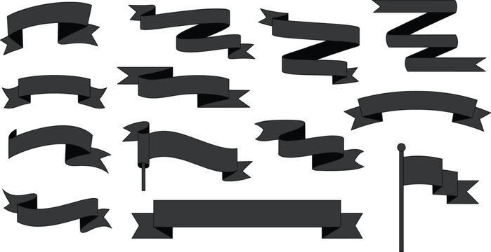 Black ribbon banner collection, decorative scroll labels, flat vector illustration, vintage style design elements set