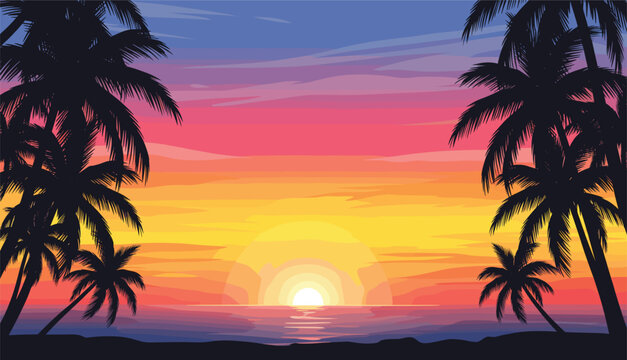 Tropical beach sunset vector background with palm tree silhouettes framing a vibrant pink and orange ocean horizon.
