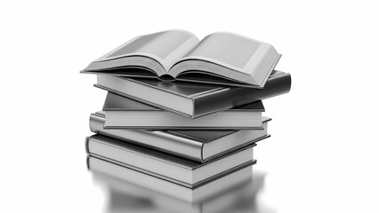 Stack of open and closed books in grayscale on white background