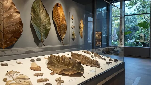 Collection of dried leaves and plant specimens displayed in a glass case inside a museum.