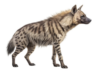Fototapeta premium Striped Hyena Standing Profile, Realistic Fur Texture, Natural Lighting, Wildlife Photography, Isolated on Transparent Background