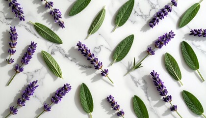 Floral flatlay of lavender and green leaves arranged on a white marble surface