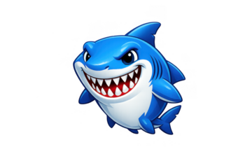 Cartoon shark mascot swimming and showing aggressive teeth, representing danger, predator, or marine animal character on transparent background