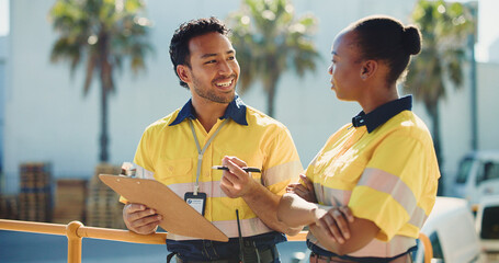 Supply chain, coworkers outdoor and talk with clipboard for quality control, dispatch or delivery....