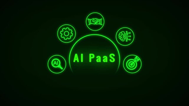 Neon Green Outline Representing Artificial Intelligence Concepts Arranged in a Semi- Circle Over a Dark Background with a Large Central Circle Keywords: AI, artificial, intelligence, technology