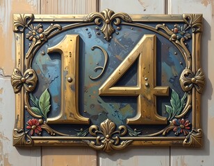Ornate golden house number "14" on a decorative plaque