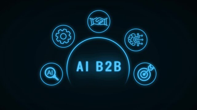 Neon Blue Outline Representing Artificial Intelligence Concepts Arranged in a Semi- Circle Over a Dark Background with a Large Central Circle Keywords: AI, artificial, intelligence, technology