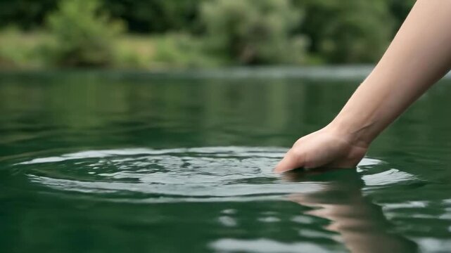 A hand is reaching down to touch the surface of green water. The background is a blurry depiction of trees and foliage.