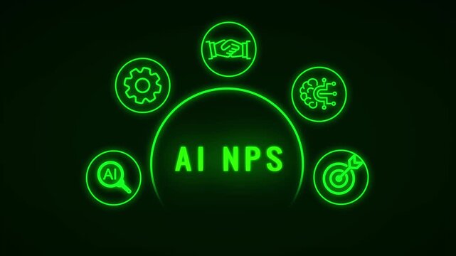 Neon Green Outline Representing Artificial Intelligence Concepts Arranged in a Semi- Circle Over a Dark Background with a Large Central Circle Keywords: AI, artificial, intelligence, technology