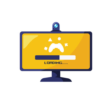 Gaming loading screen progress bar icon vector illustration, computer monitor with game loading screen progress bar icon vector, game loading screen on computer monitor icon vector illustration