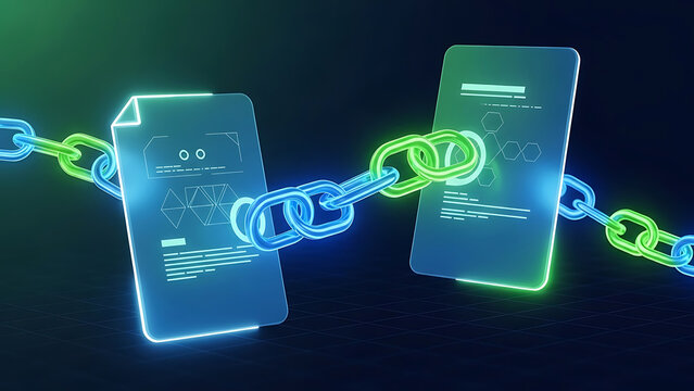 Fintech 3d data visualization concept showing linked digital documents and blockchain technology - Powered by Adobe