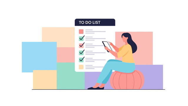Woman using tablet to manage to-do list with checkmarks, planning tasks